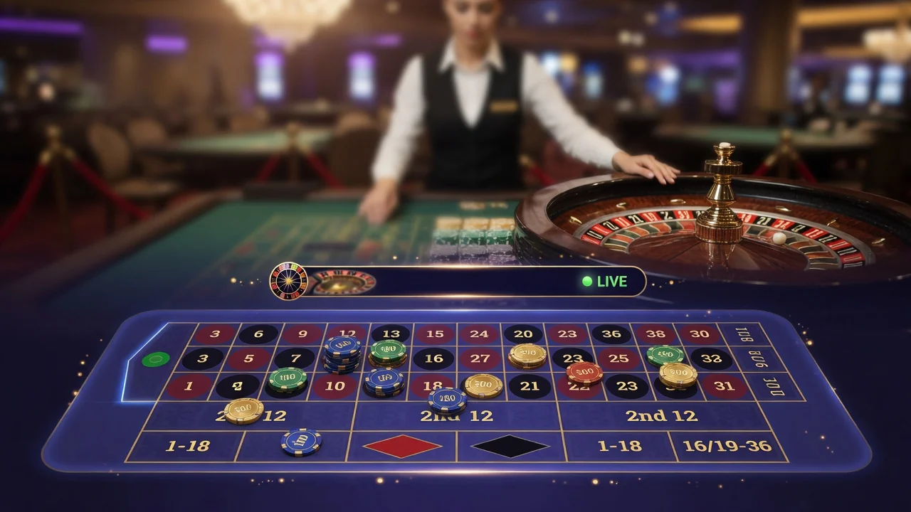 Interface d'une table de roulette en direct affichée sur écran